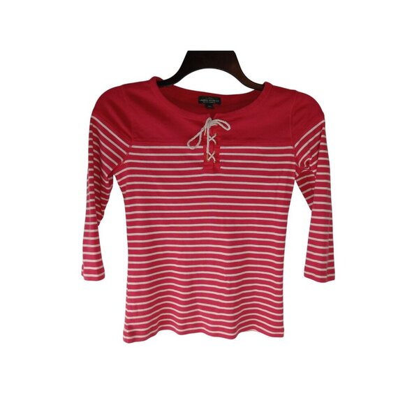 Lauren Ralph Lauren womens Top Pink Striped 3/4 Sleeve Lace Up Blouse Size S/P - Picture 1 of 7